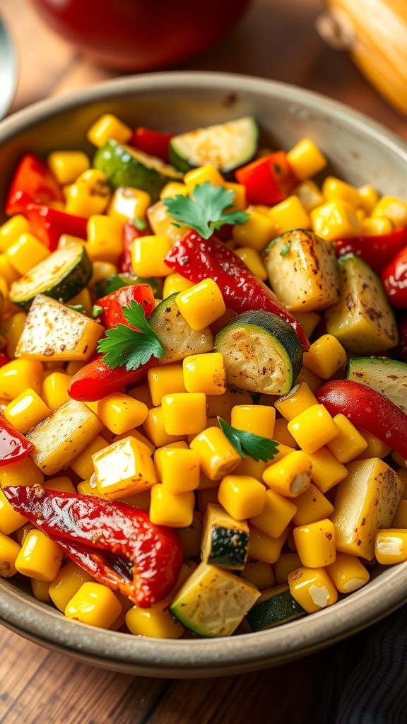 A vibrant roasted corn and squash medley with zucchini and bell pepper, garnished with parsley, in a rustic bowl.